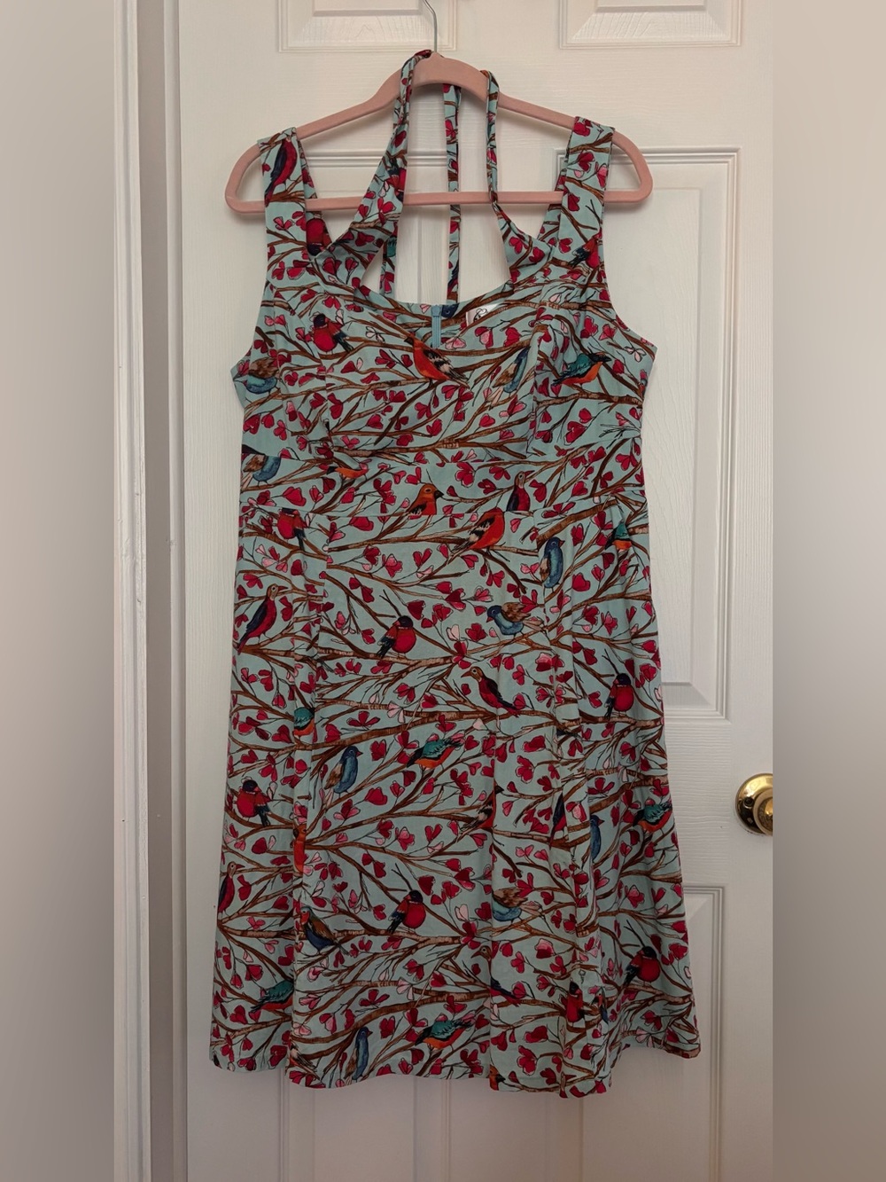 Bird-Print Mint Midi Dress with Red Accents